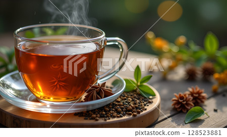 Aromatic herbal tea presented in a clear glass cup with steaming hot liquid on wooden surface Aromatic herbal tea presented in a clear glass cup with steaming hot liquid on wooden surface 128523881