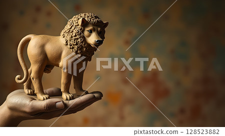 Lion statue resting on open palm with textured backdrop showcasing artistry and symbolism 128523882