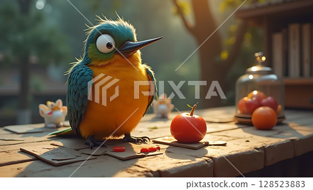 Whimsical cartoon bird with googly eyes observing an apple on a wooden table outdoors in daylight Whimsical cartoon bird with googly eyes observing an apple on a wooden table outdoors in daylight 128523883