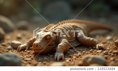 Close up of a reptile, iguana resting calmly on the sand basking in the sun 128523884