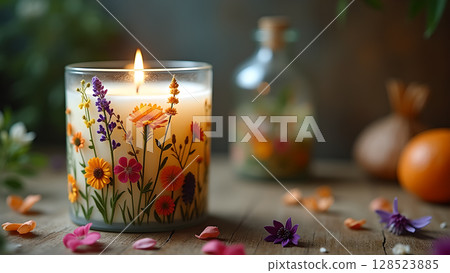 Floral candle burning gently on wooden table with rustic decor providing a cozy atmosphere Floral candle burning gently on wooden table with rustic decor providing a cozy atmosphere 128523885