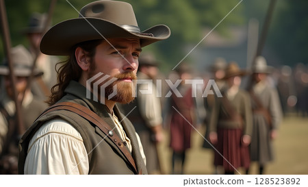 Portrait of a 17th-century militiaman in uniform with a cowboy hat standing in a historic reenactment scene 128523892