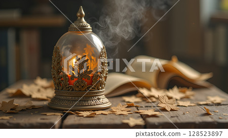 An ornate candle lantern casts a warm glow in a cozy autumnal scene with a book An ornate candle lantern casts a warm glow in a cozy autumnal scene with a book 128523897