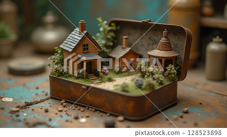 Miniature country home scene crafted within a vintage metal box displaying intricate details and charming artistry Miniature country home scene crafted within a vintage metal box displaying intricate details and charming artistry 128523898