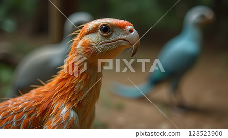 Close up of an orange bird with a sharp beak and two birds walking behind it 128523900