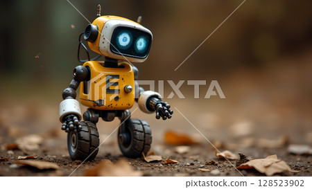 Adorable little robot character exploring the outdoors with his two glowing eyes exploring the forest 128523902