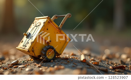 Miniature world yellow construction toy truck on a path surrounded by fallen leaves creates whimsical scene Miniature world yellow construction toy truck on a path surrounded by fallen leaves creates whimsical scene 128523907
