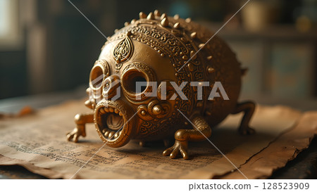 Detailed golden creature with open mouth and legs on aged paper showcases intricate design and artistry Detailed golden creature with open mouth and legs on aged paper showcases intricate design and artistry 128523909