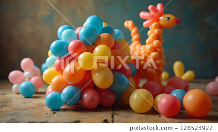 Captivating balloon art composition featuring colorful balloon clusters and an adorable giraffe, vibrant and whimsical 128523922