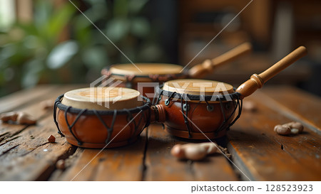 Three elegant african talking drums on wooden surface evoking the essence of musical traditions and percussion instruments 128523923