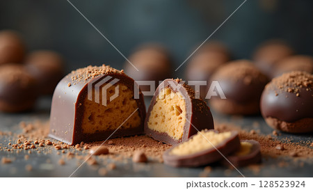 Indulge in Decadence: Exquisite Chocolate Peanut Butter Bonbons Delightfully Sprinkled with Cocoa Powder ready to Eat Indulge in Decadence: Exquisite Chocolate Peanut Butter Bonbons Delightfully Sprinkled with Cocoa Powder ready to Eat 128523924
