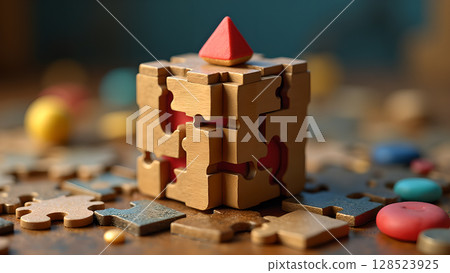A captivating wooden puzzle cube with a red pyramid piece set against scattered puzzle elements representing challenge 128523925