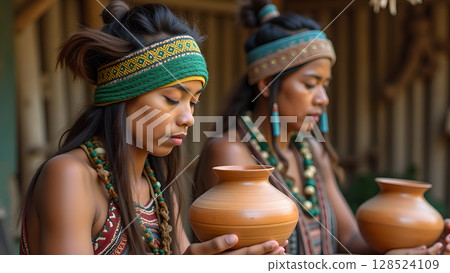 Indigenous women carefully crafting traditional pottery, showcasing cultural heritage and artistic traditions through generations of indigenous craftsmanship Indigenous women carefully crafting traditional pottery, showcasing cultural heritage and artistic traditions through generations of indigenous craftsmanship 128524109