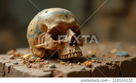Intricate human skull with tribal art resting on stone surface symbolizes mortality and ancient heritage 128524112