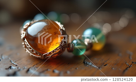 An amber pendant necklace with a copper wire wrap showcases craftsmanship and natural elegance on rustic wood surface An amber pendant necklace with a copper wire wrap showcases craftsmanship and natural elegance on rustic wood surface 128524120