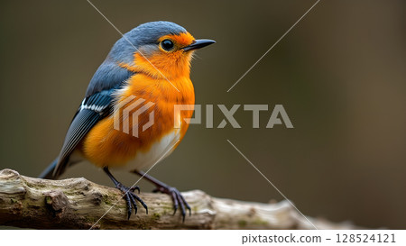 Vibrant robin perched gracefully on a weathered branch, showcasing its stunning plumage and delicate features Vibrant robin perched gracefully on a weathered branch, showcasing its stunning plumage and delicate features 128524121