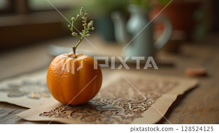 A still life composition featuring a vibrant orange adorned with delicate white flowers, situated on a patterned sheet, evoking freshness 128524125