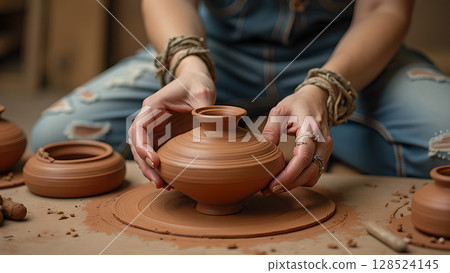 Creative hands shaping clay on a pottery wheel: Crafting art and functional ware with passion and skill Creative hands shaping clay on a pottery wheel: Crafting art and functional ware with passion and skill 128524145