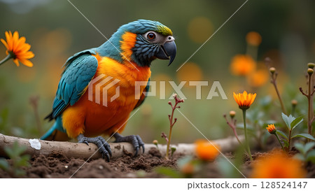 Vibrant blue and gold macaw perched amidst a bed of bright orange flowers in nature 128524147