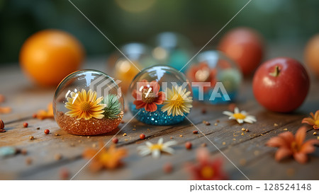 Delicate floral spheres with vibrant blossoms create a whimsical still life scene showcasing nature's beauty and artistry 128524148
