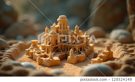 A meticulously crafted miniature sandcastle complex a testament to creativity showcasing detailed architecture and artistic vision amidst a serene beach setting 128524149