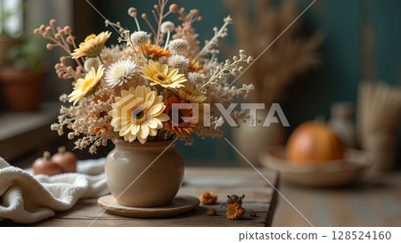 Charming autumn flower arrangement featuring gerbera daisies and dried foliage in a rustic ceramic vase on wooden table 128524160