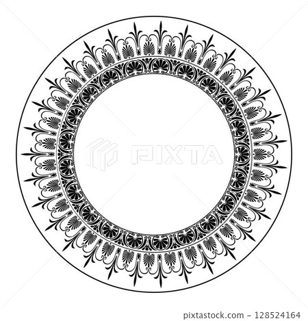 Monochrome round frame with Greek floral meanders. Vector pattern with arabesques, floral elements. Traditional classic ornament. Ancient Greece and the Roman Empire. Frame for round surfaces, textile 128524164