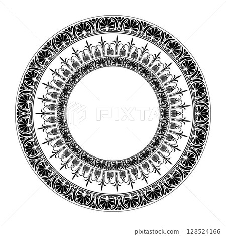 Round frame with Greek floral meanders. Ethnic decorative element. Vector pattern with arabesques, floral elements. Ancient Greece, the Roman Empire. Islam, Arabic, Indian, ottoman motifs. For textile 128524166