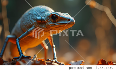 Surreal frog with metallic limbs standing among autumn leaves in a surreal nature background 128524239