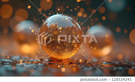 Abstract mesmerizing balls glowing with gold light emitting small particles creating a magical atmosphere, perfect 128524241