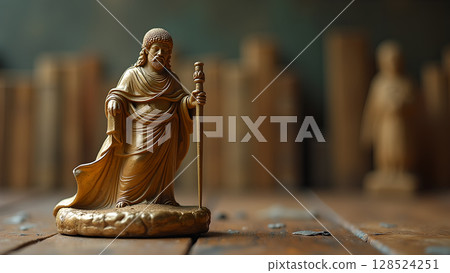 Golden Jesus statue standing tall with a blurred background showcases religious sculpture and reverence for faith 128524251