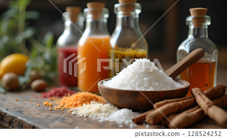 Aromatic spices, juices, and oils in glass bottles on a wooden surface create a flavorful composition Aromatic spices, juices, and oils in glass bottles on a wooden surface create a flavorful composition 128524252