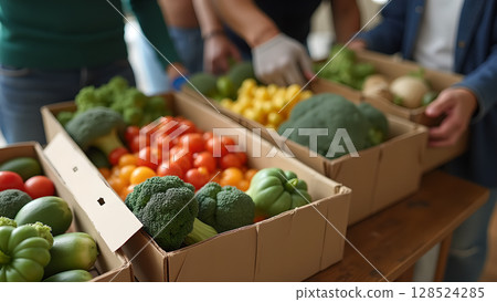Volunteers preparing fresh produce boxes, ensuring access to healthy food for local community members, promoting food security 128524285