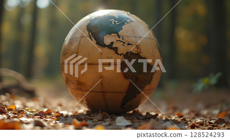 Vintage globe resting on fallen leaves in autumn forest symbolizing environmental awareness and sustainable practices Vintage globe resting on fallen leaves in autumn forest symbolizing environmental awareness and sustainable practices 128524293