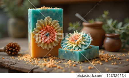 Artisanal handmade soap bars with floral decorations offer a luxurious and eco-friendly cleansing experience for wellness Artisanal handmade soap bars with floral decorations offer a luxurious and eco-friendly cleansing experience for wellness 128524384
