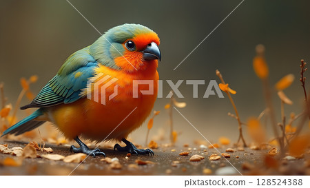 A vividly colored bird standing on ground covered with fallen leaves in the wild beauty 128524388