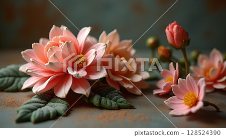 Captivating artistic floral arrangement featuring peach dahlia blooms buds and textured foliage set against a mottled background 128524390