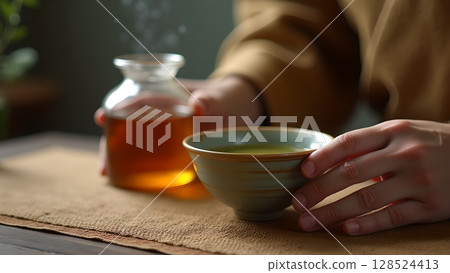 Aromatic serenity: Close-up of hands gently holding a steaming tea bowl near a carafe 128524413