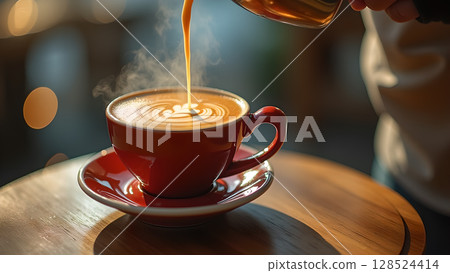 Pouring hot latte art coffee into a red cup on a wooden table in cafe Pouring hot latte art coffee into a red cup on a wooden table in cafe 128524414