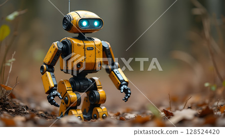 A charming yellow robot explores a woodland path amidst fallen leaves, embodying technology meeting nature for creative projects 128524420