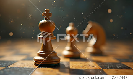 Strategic chess game featuring a king, bishop, and knight on a chessboard highlighting strategy Strategic chess game featuring a king, bishop, and knight on a chessboard highlighting strategy 128524421