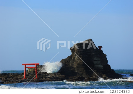 紅色的鳥居和藍色的大海 128524583