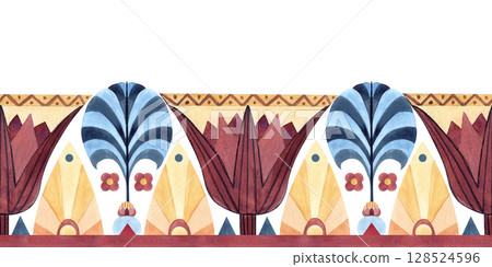 Egyptian ornaments seamless border. Ancient ethnic patterns, symbols. Lotus shaped, abstract blue palm, geometric patterns. Watercolor illustration isolated from background. Culture concept frame Egyptian ornaments seamless border. Ancient ethnic patterns, symbols. Lotus shaped, abstract blue palm, geometric patterns. Watercolor illustration isolated from background. Culture concept frame 128524596
