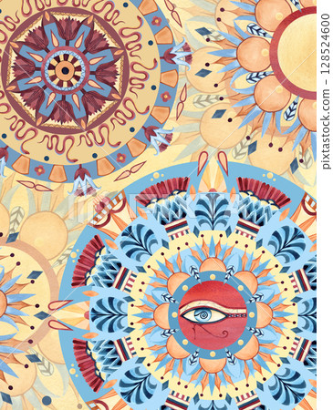Egyptian postcard with arabesque design, ancient ethnic ornament. Geometric symmetrical patterns, abstract lotus, palm, flowers, eye of Horus. Watercolor illustration isolated on yellow background 128524600