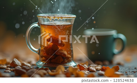Warm autumn beverage: A steaming glass mug with dried fruits and another blurred mug showcasing seasonal ambiance 128524638