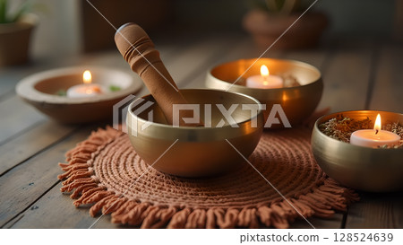 Tranquil scene with singing bowl mallet and candles creating a calming atmosphere for meditation and spiritual practice 128524639