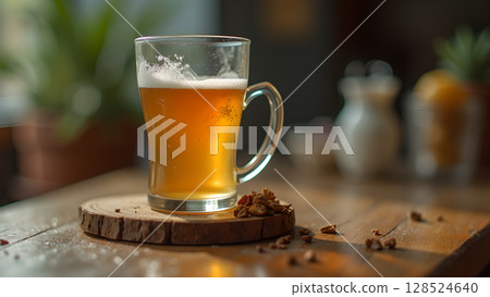 Refreshing golden ale presented in a glass mug sitting on a wooden coaster display 128524640