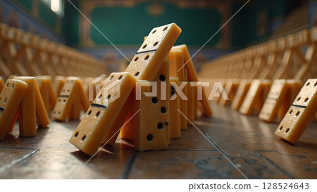 Domino effect concept with a long line of dominoes in a perspective view showcasing cascade Domino effect concept with a long line of dominoes in a perspective view showcasing cascade 128524643