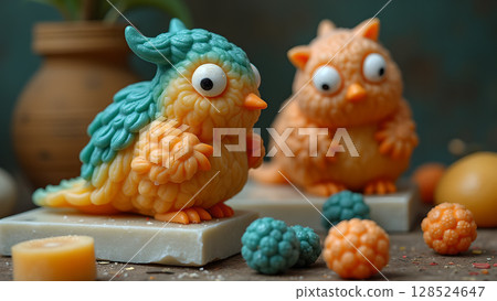 Colorful handcrafted bird and owl figures, perfect for charming crafts and whimsical animal-themed design elements and decorative displays 128524647