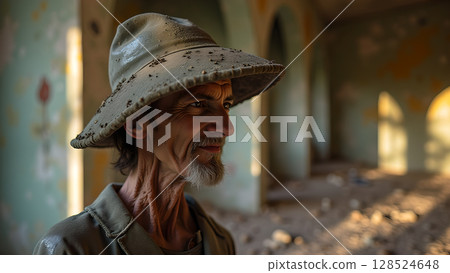 Portrait of an old farmer standing inside an abandoned building looking forward with determination expressing resilience Portrait of an old farmer standing inside an abandoned building looking forward with determination expressing resilience 128524648